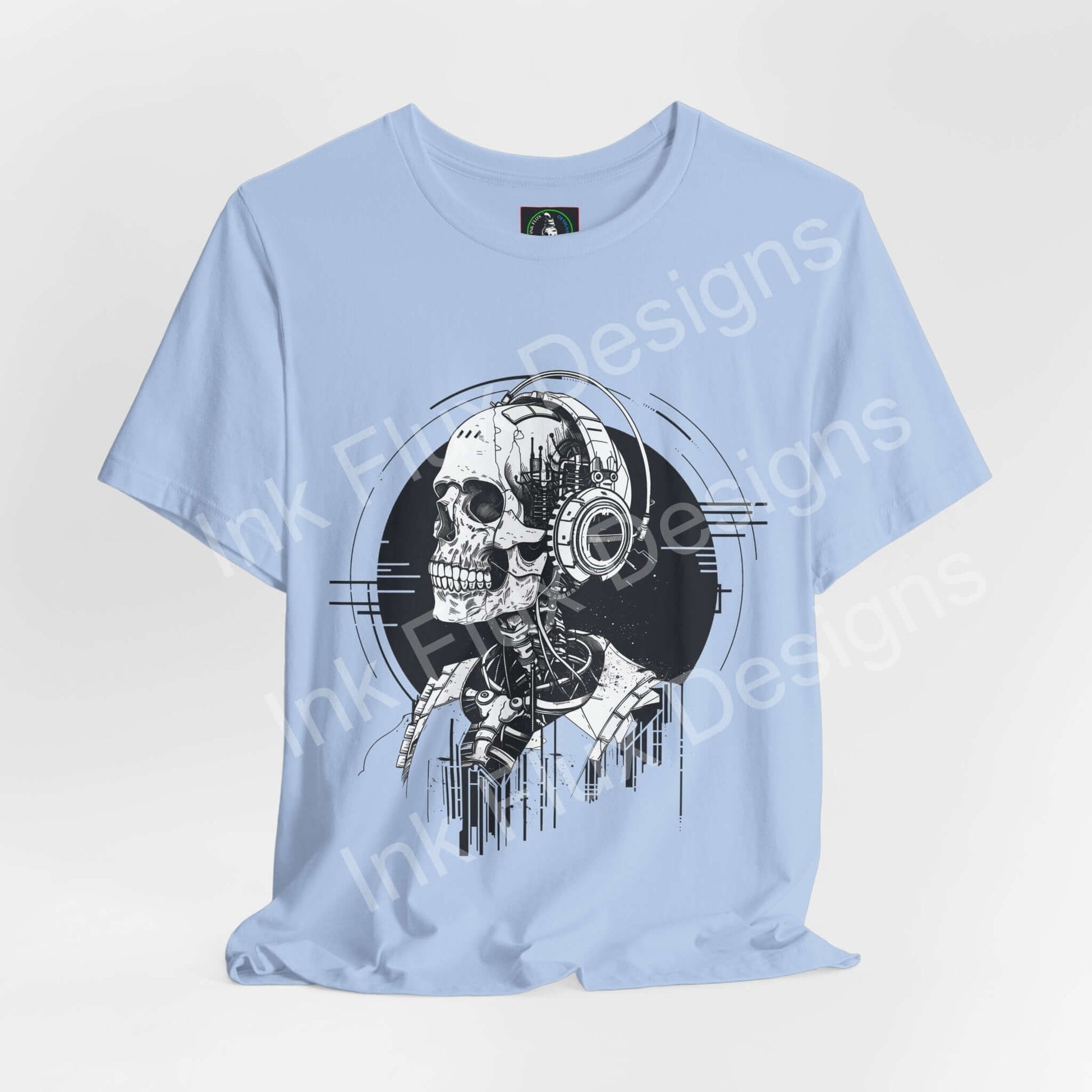 Dead Frequency II unisex T-shirt by Ink Flux Designs with skull and headphones graphic on a light blue background.