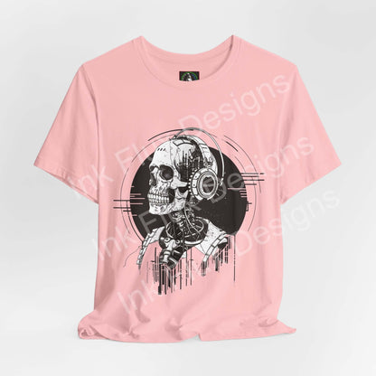 Dead Frequency II unisex pink T-shirt featuring a graphic skull design by Ink Flux Designs, lightweight and comfortable.