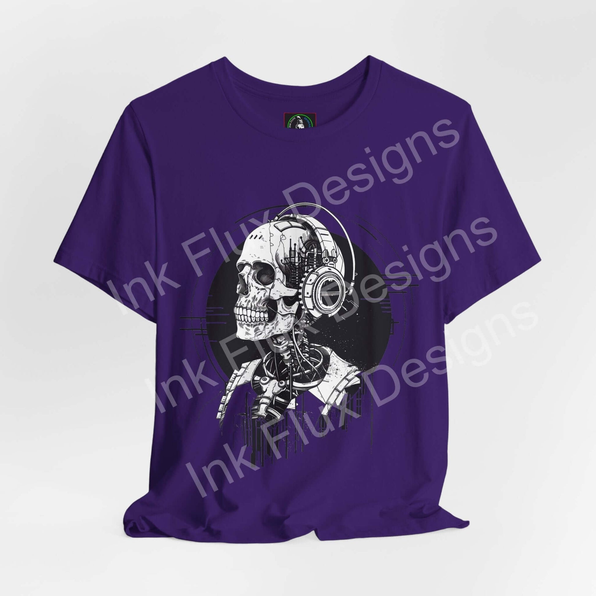 Purple T-shirt featuring a skeleton design with headphones by Ink Flux Designs, combining style and comfort.