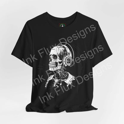 Unisex black T-shirt featuring a graphic design of a skull with headphones by Ink Flux Designs.