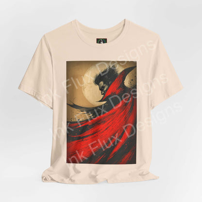 Dracula T-Shirt – Gothic Vampire Art Tee featuring a dramatic design with red cape on a light t-shirt background.