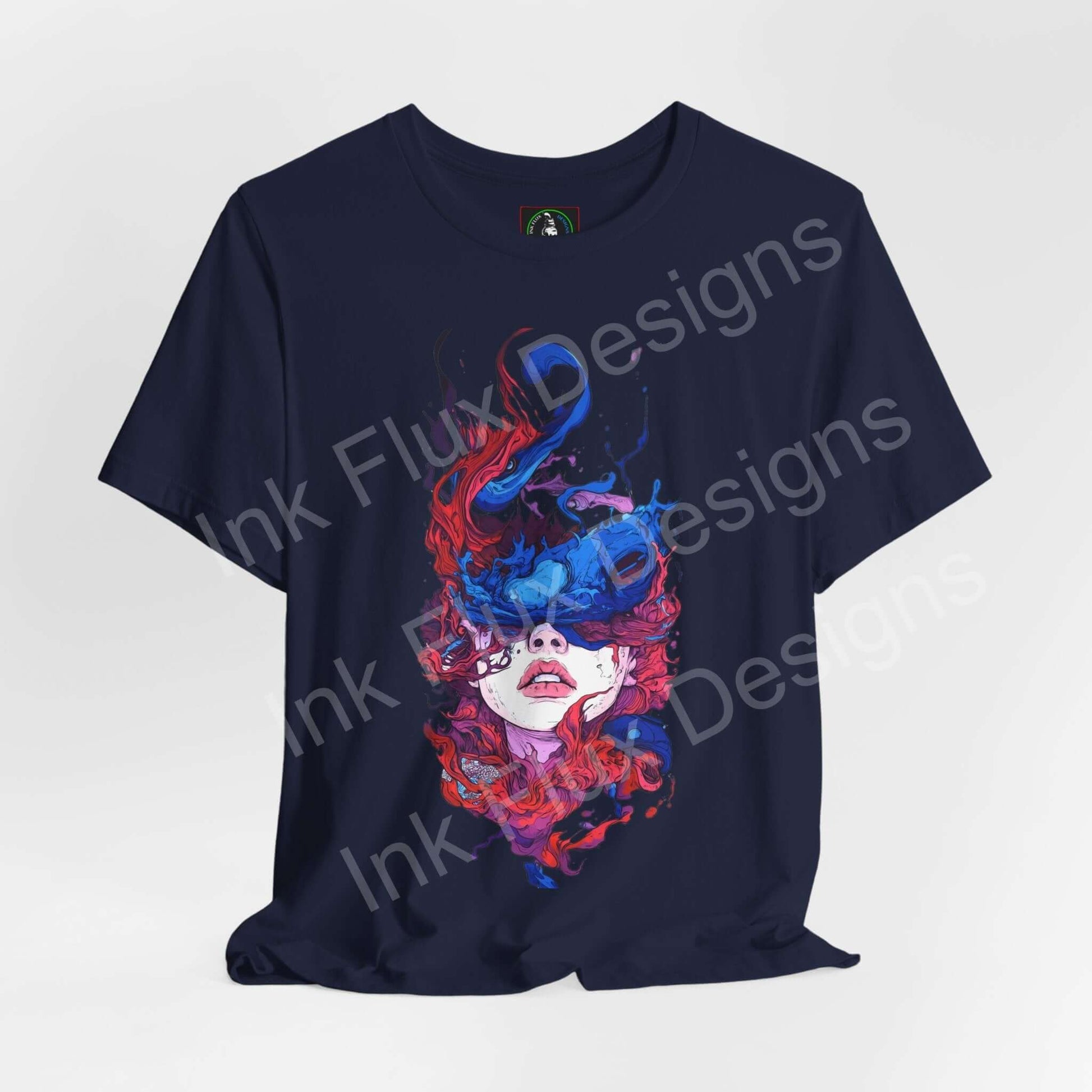 Unisex navy T-shirt featuring colorful abstract art by Ink Flux Designs, showcasing a vibrant design on soft Airlume cotton.