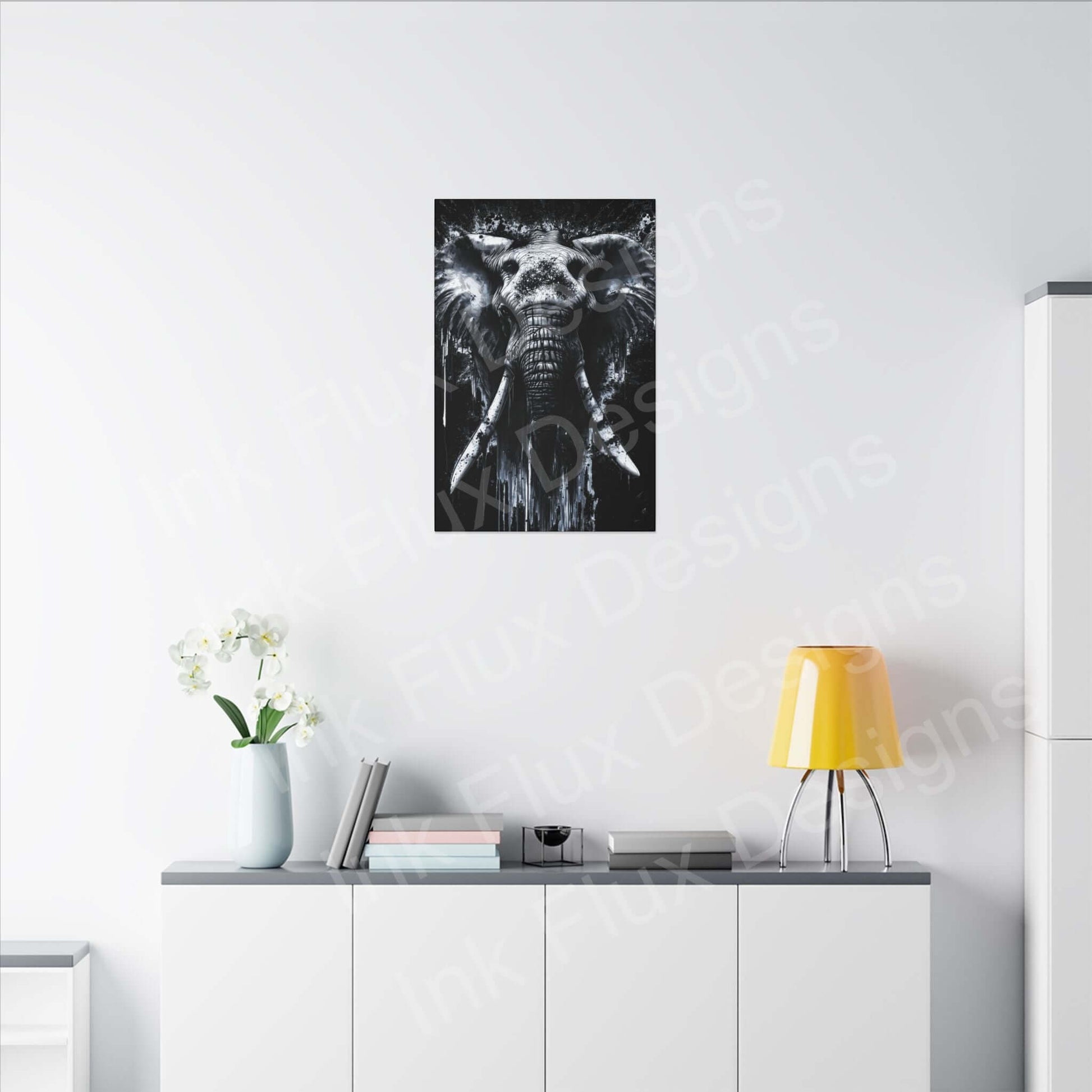 Elephant Spirit II Canvas by Ink Flux Designs displayed in modern interior setting, highlighting artistic visual appeal.