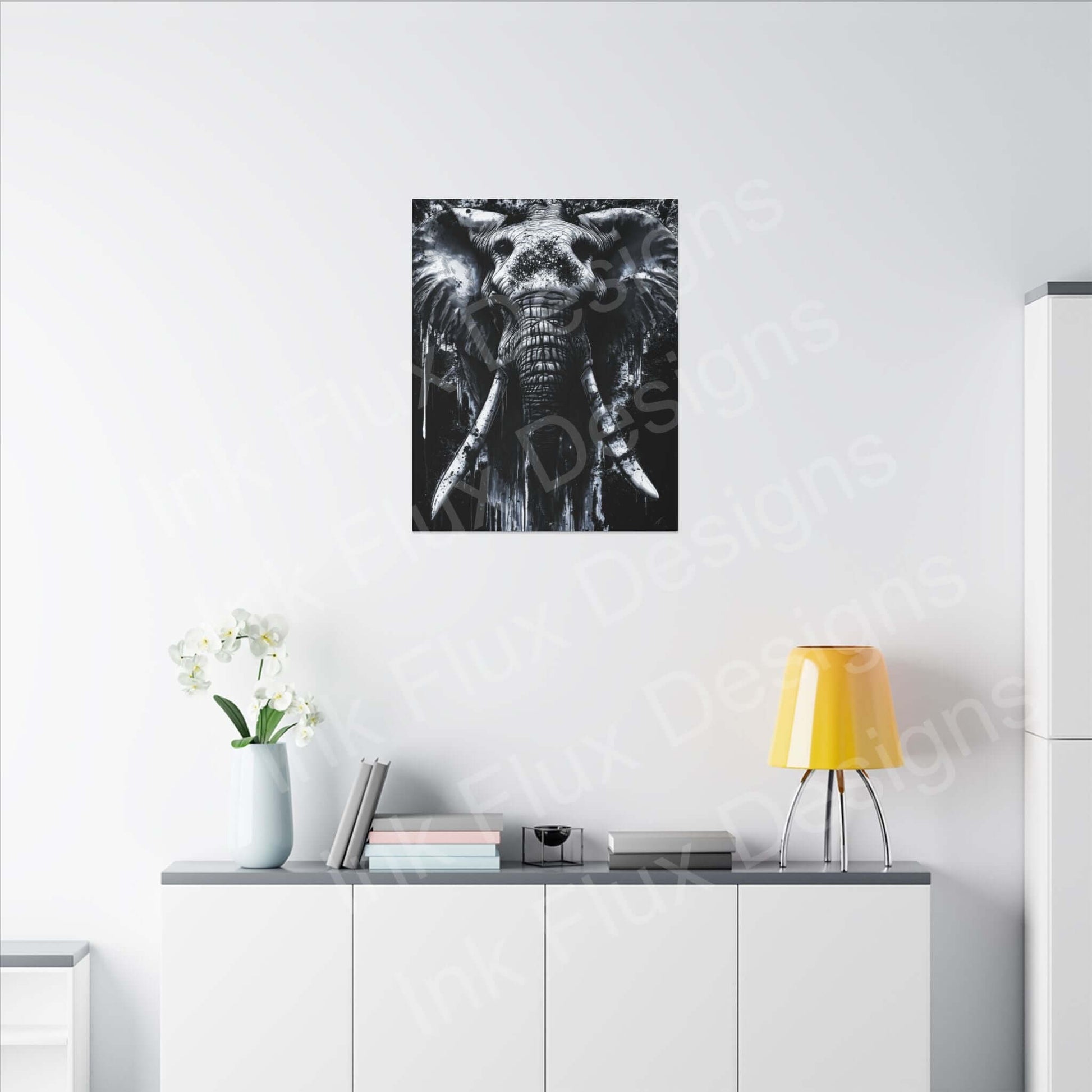 Elephant Spirit II Canvas artwork displayed on a modern wall, featuring a striking black and white elephant design by Ink Flux Designs.