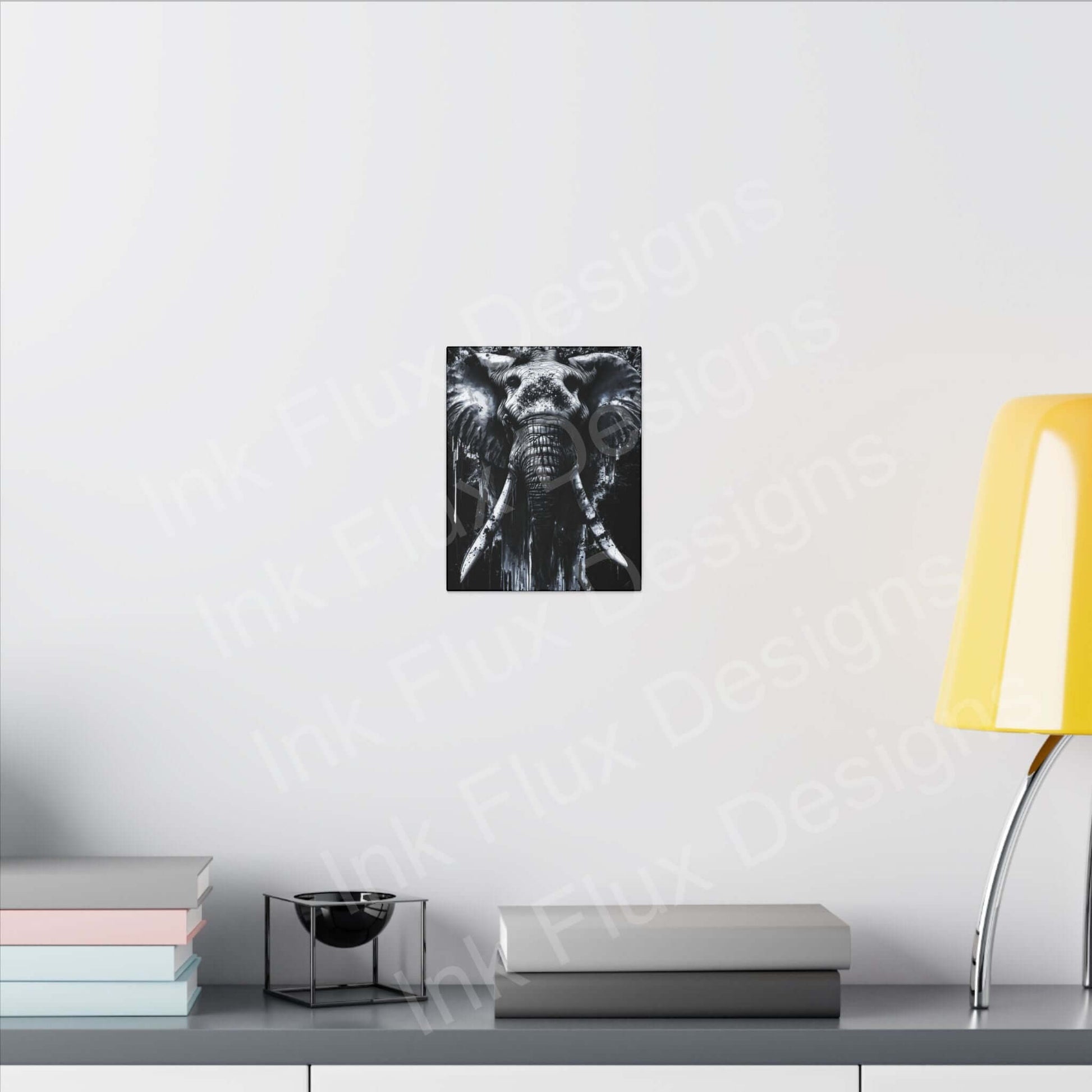 Elephant Spirit II Canvas by Ink Flux Designs, showcasing an elegant elephant artwork in a modern interior setting.