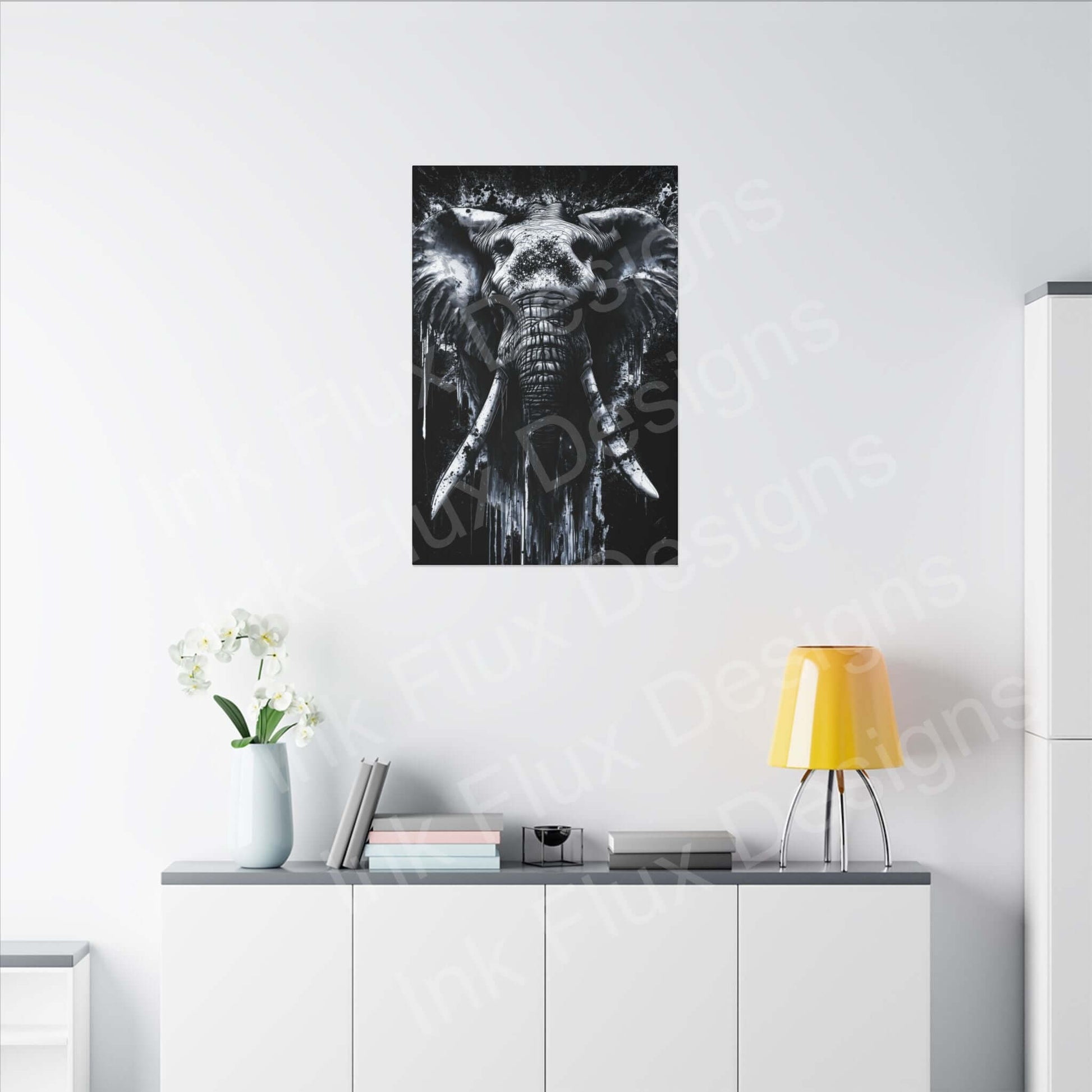 Elephant Spirit II Canvas by Ink Flux Designs, featuring a striking black and white elephant artwork in modern interior.