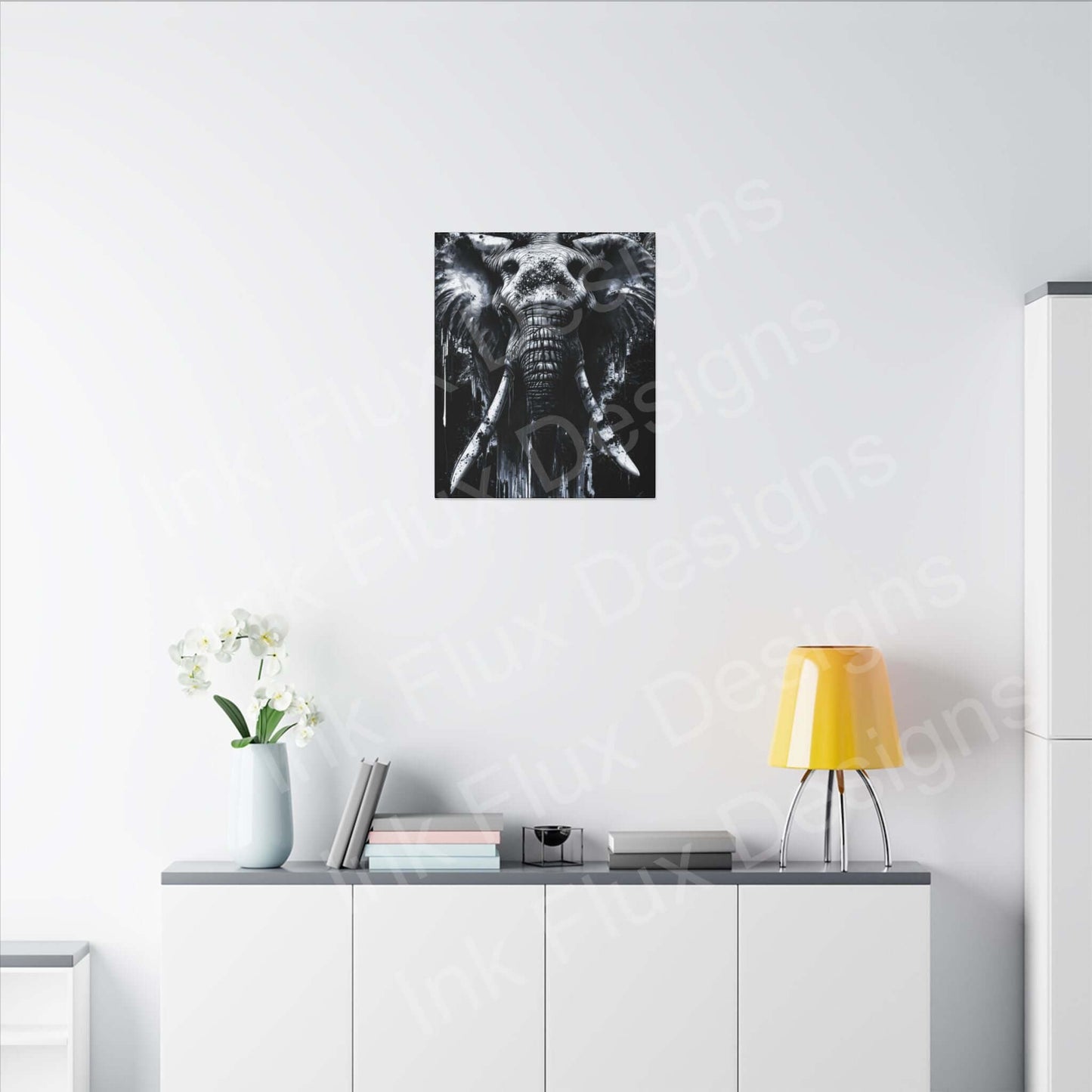 Elephant Spirit II canvas artwork displayed on modern home decor by Ink Flux Designs.