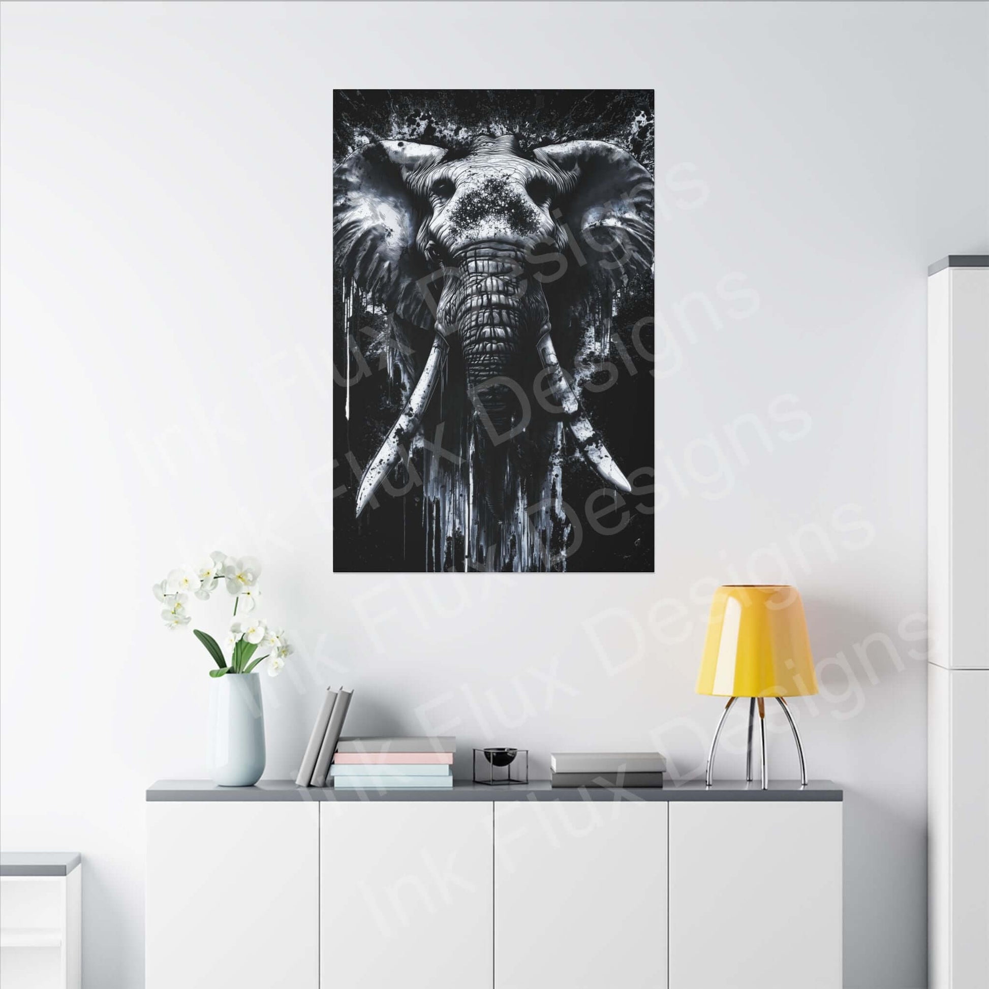 Stylish Elephant Spirit II canvas art by Ink Flux Designs displayed in a modern interior setting.