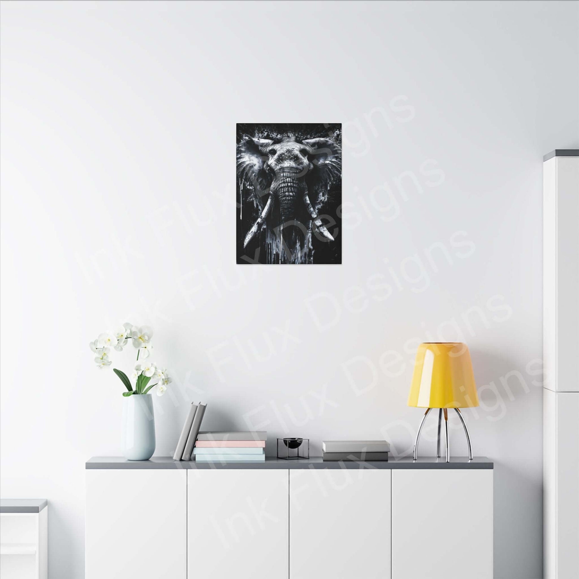Elephant Spirit II Canvas artwork by Ink Flux Designs on display in a modern living room setting.