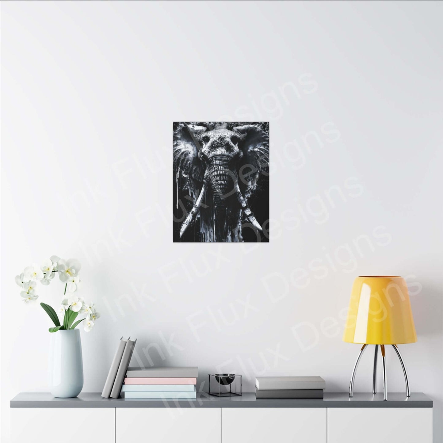 Elephant Spirit II Canvas artwork displayed on a modern wall, showcasing Ink Flux Designs' creative projects.