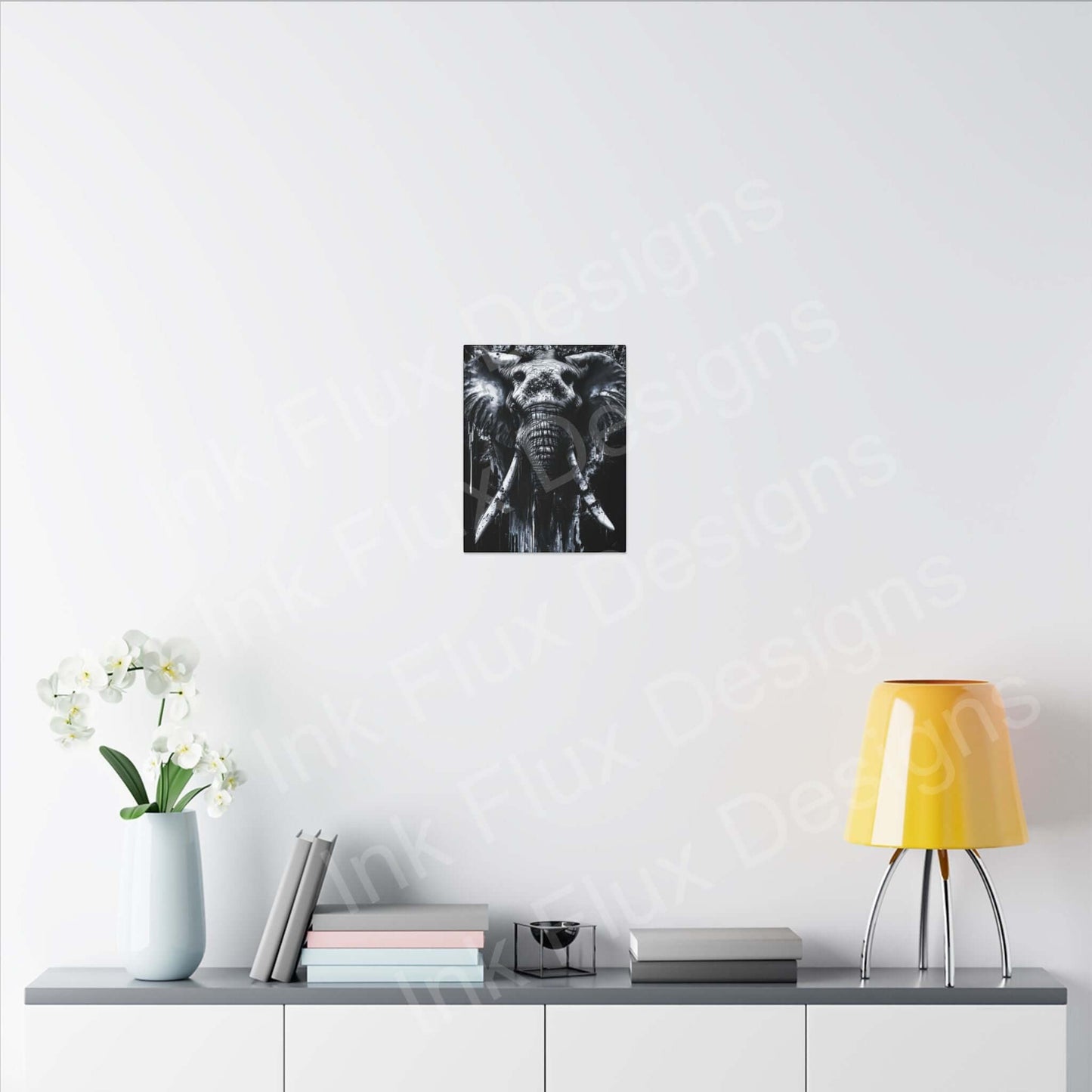Elephant Spirit II Canvas by Ink Flux Designs displayed elegantly on a modern wall decor setup.