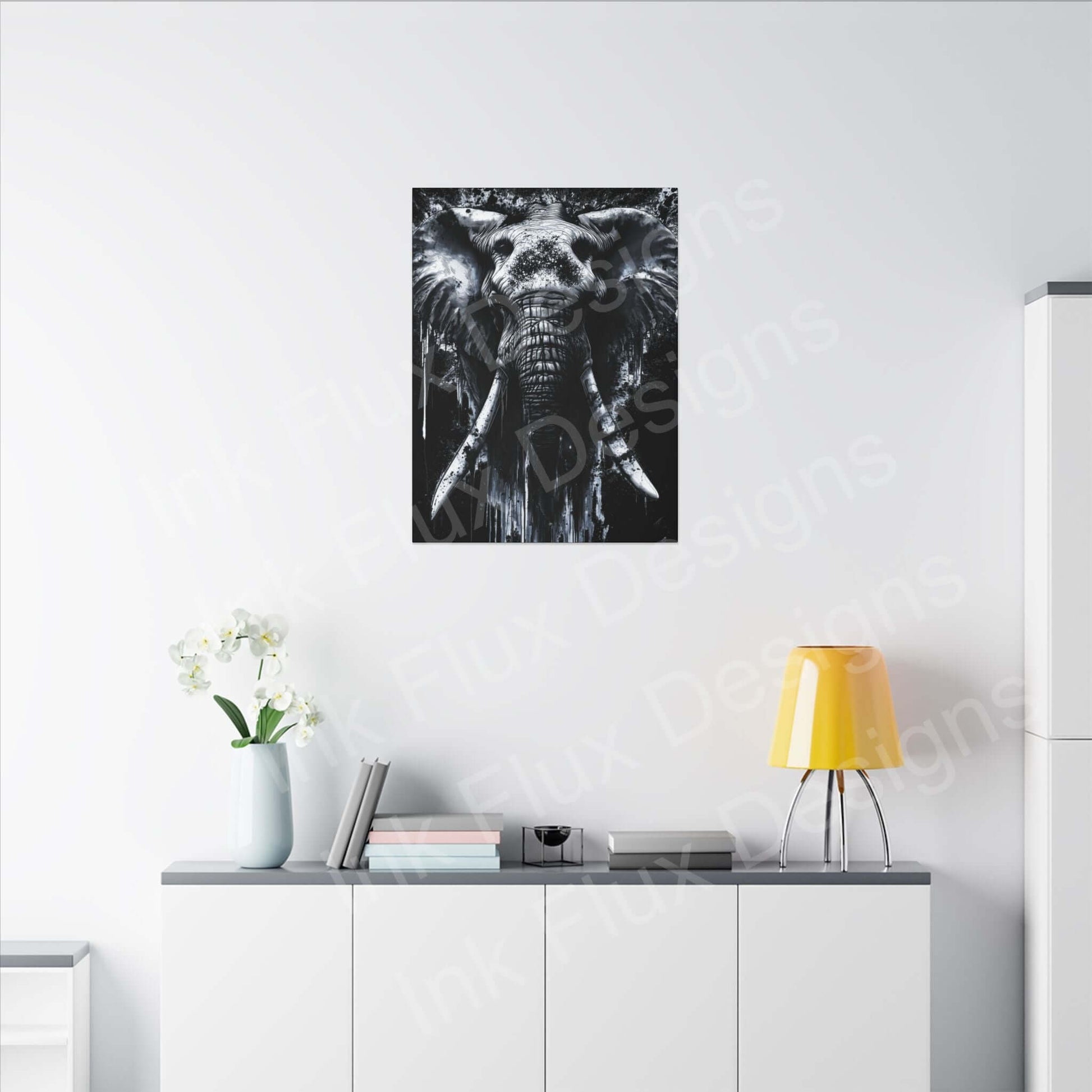 Stretched canvas artwork featuring a striking elephant design by Ink Flux Designs, perfect for modern home decor.