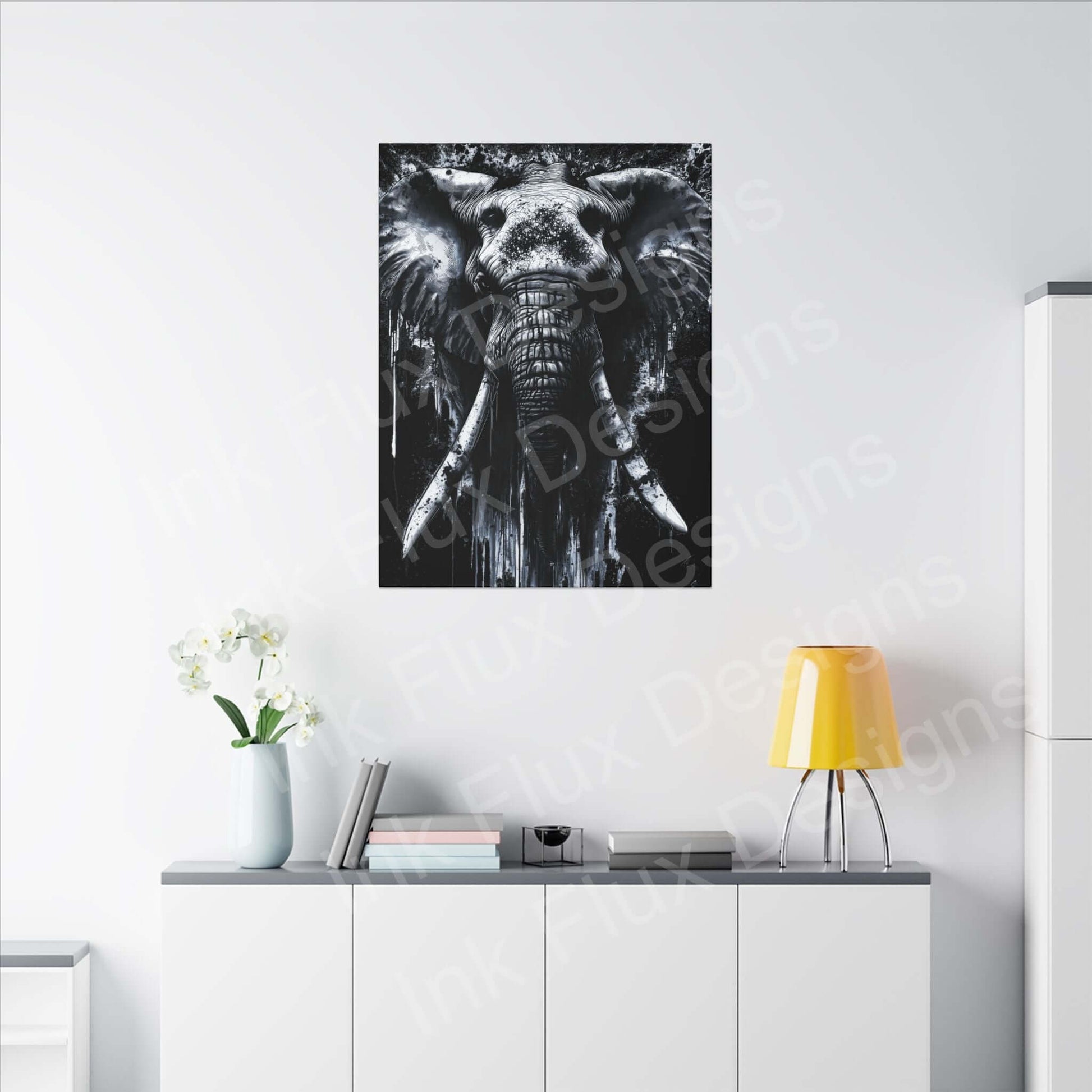 Elephant Spirit II Canvas artwork displayed on a modern wall; featuring Ink Flux Designs; perfect for custom decor.