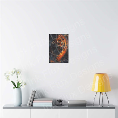 Enraged Tiger matte canvas artwork displayed in a modern living room by Ink Flux Designs.