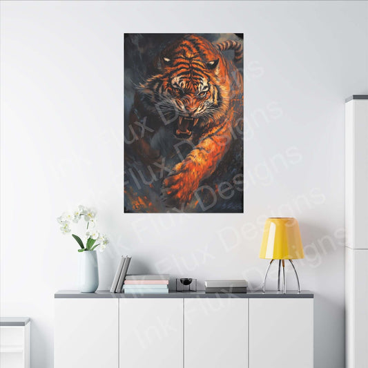 Enraged Tiger matte canvas artwork by Ink Flux Designs, displayed in a modern interior setting, showcasing vibrant colors.