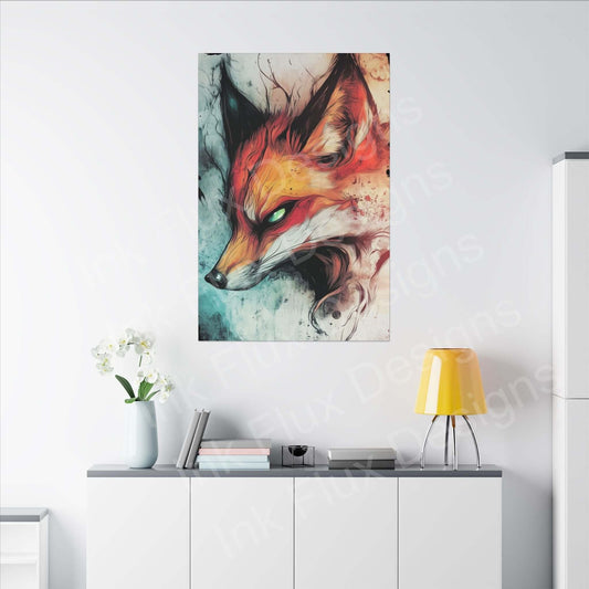 Ethereal Fox Matte Canvas by Ink Flux Designs, showcasing vibrant colors in a modern living space.