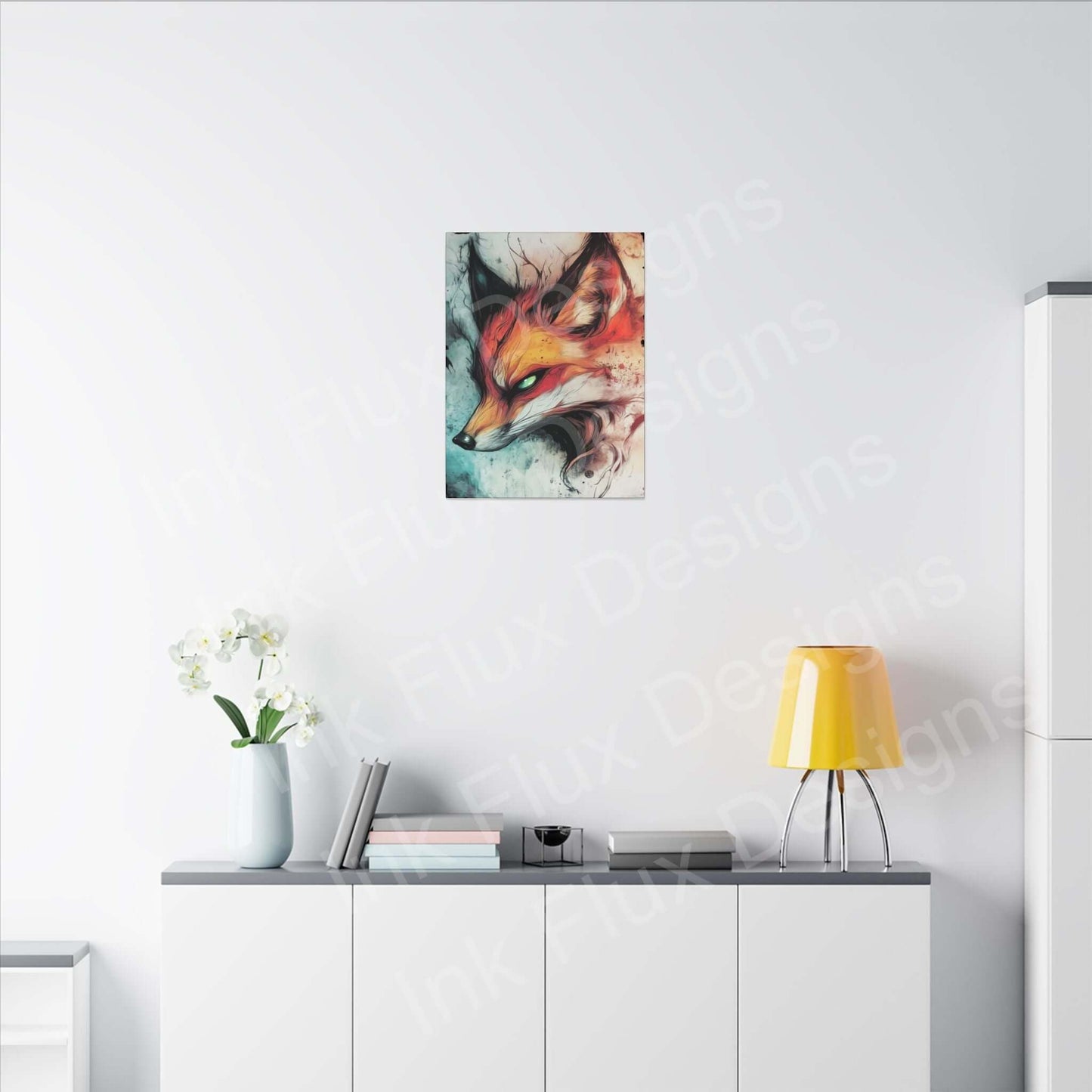 Ethereal Fox Matte Canvas by Ink Flux Designs, elegantly displayed on a modern wall with a stylish lamp and plants.