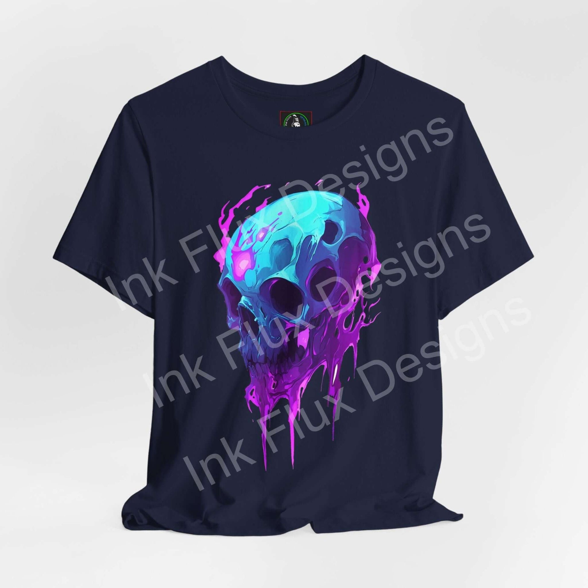 Ethereal Melting Skull II unisex T-shirt by Ink Flux Designs, featuring a vibrant skull graphic on a navy jersey fabric.
