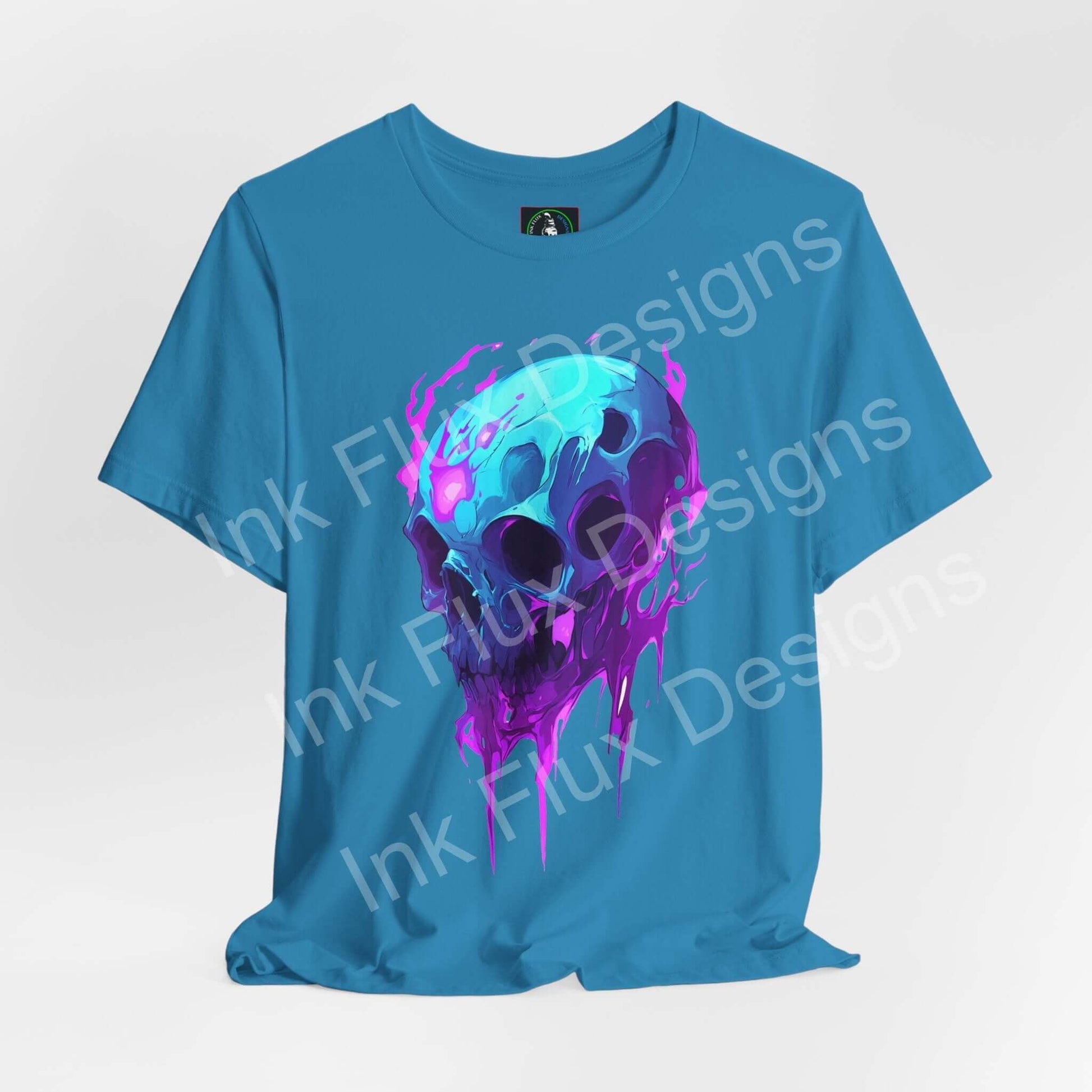 Ethereal Melting Skull II T-shirt by Ink Flux Designs, featuring a vibrant blue color and unique graphic design.