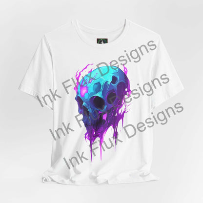 Ethereal Melting Skull II T-shirt by Ink Flux Designs, showcasing vibrant colors on a comfortable unisex tee.