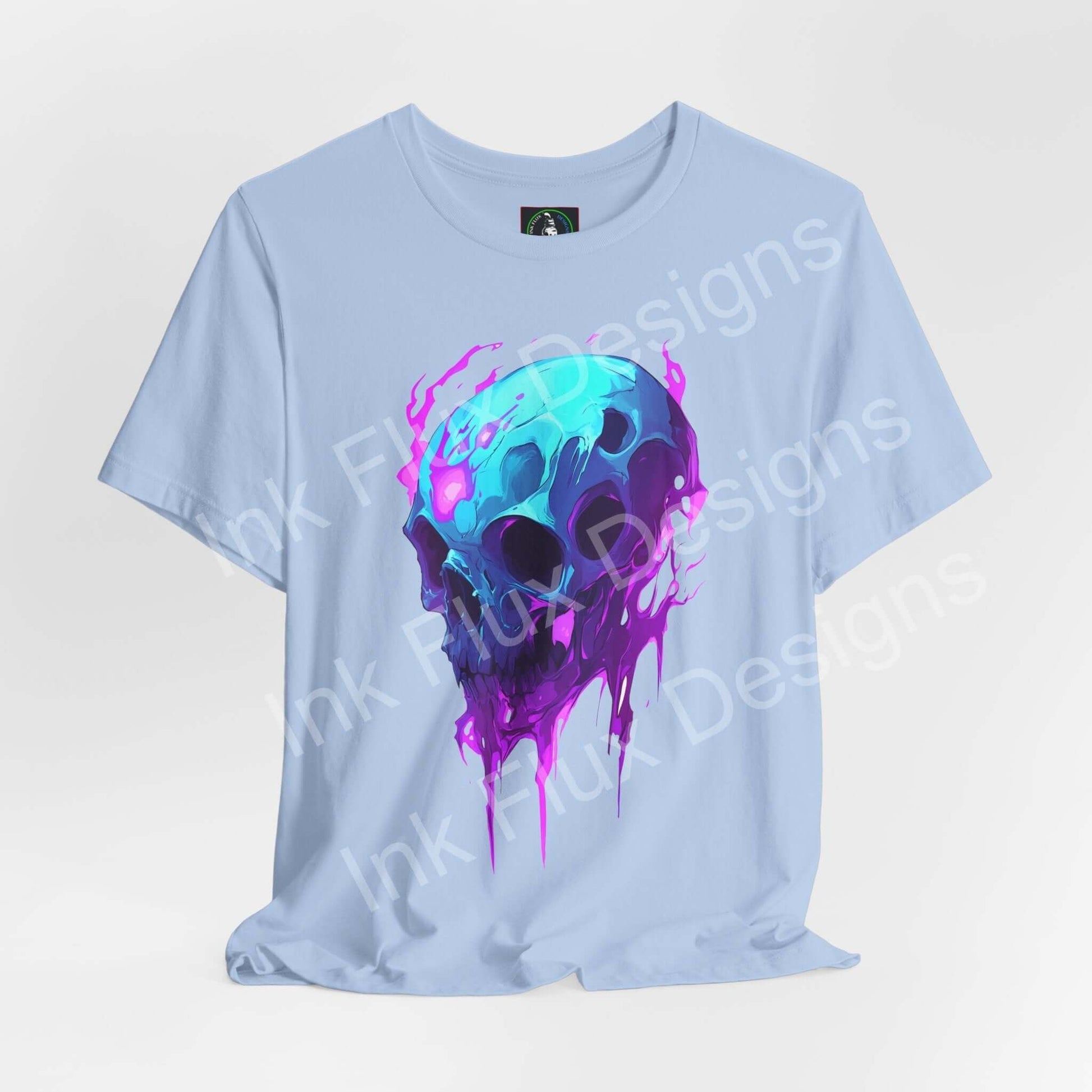 Ethereal melting skull II on a light blue T-shirt by Ink Flux Designs, showcasing vibrant colors and modern graphics.