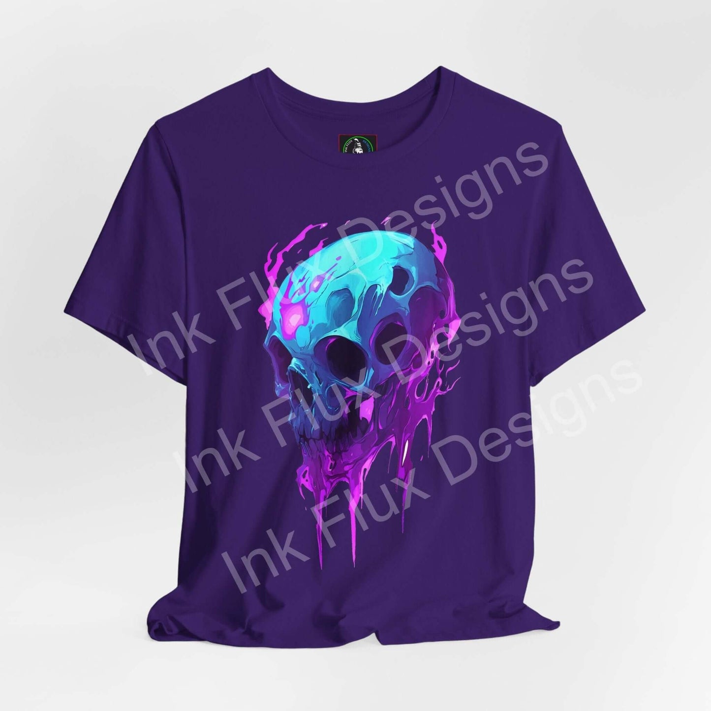 Ethereal Melting Skull II T-shirt by Ink Flux Designs, featuring vibrant colors on a purple jersey tee, perfect for any occasion.