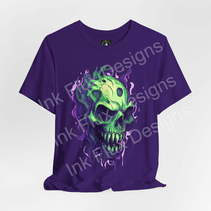Ethereal Melting Skull graphic on unisex purple T-shirt by Ink Flux Designs, featuring stylish and breathable fabric.