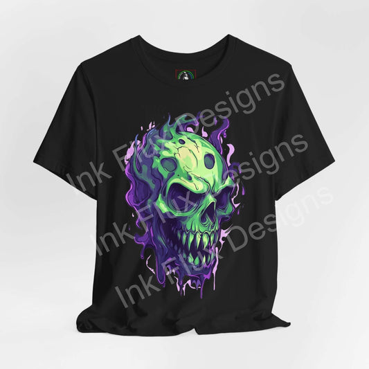 Ethereal Melting Skull T-shirt by Ink Flux Designs, featuring a vibrant, artistic skull graphic on a black jersey tee.