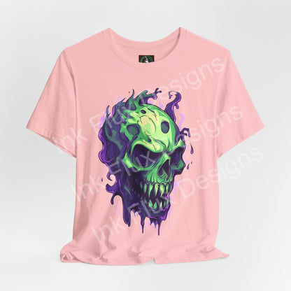 Ethereal melting skull graphic T-shirt by Ink Flux Designs, featuring vibrant colors on a soft pink jersey tee.