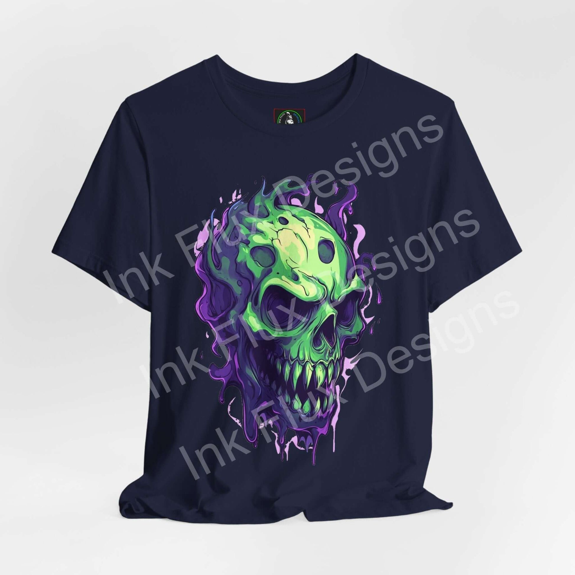 Unisex navy T-shirt featuring an ethereal melting skull design by Ink Flux Designs, perfect for casual style.