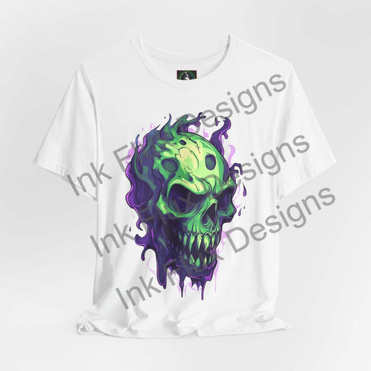 Ethereal Melting Skull I design on a unisex T-shirt by Ink Flux Designs, featuring vibrant colors and a comfortable fit.