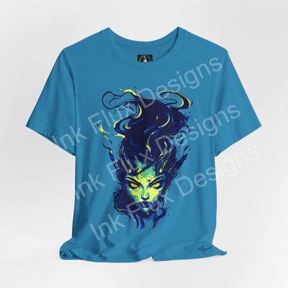 Ethereal Succubus IV unisex T-shirt by Ink Flux Designs in vibrant blue with unique graphic design.