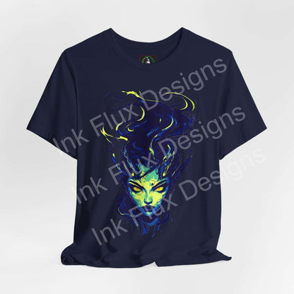 Navy blue unisex T-shirt featuring Ethereal Succubus IV design by Ink Flux Designs, crafted from soft Airlume cotton.
