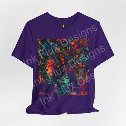 Euphoric Dreamscape II unisex T-shirt by Ink Flux Designs, featuring vibrant abstract art on a purple jersey tee.