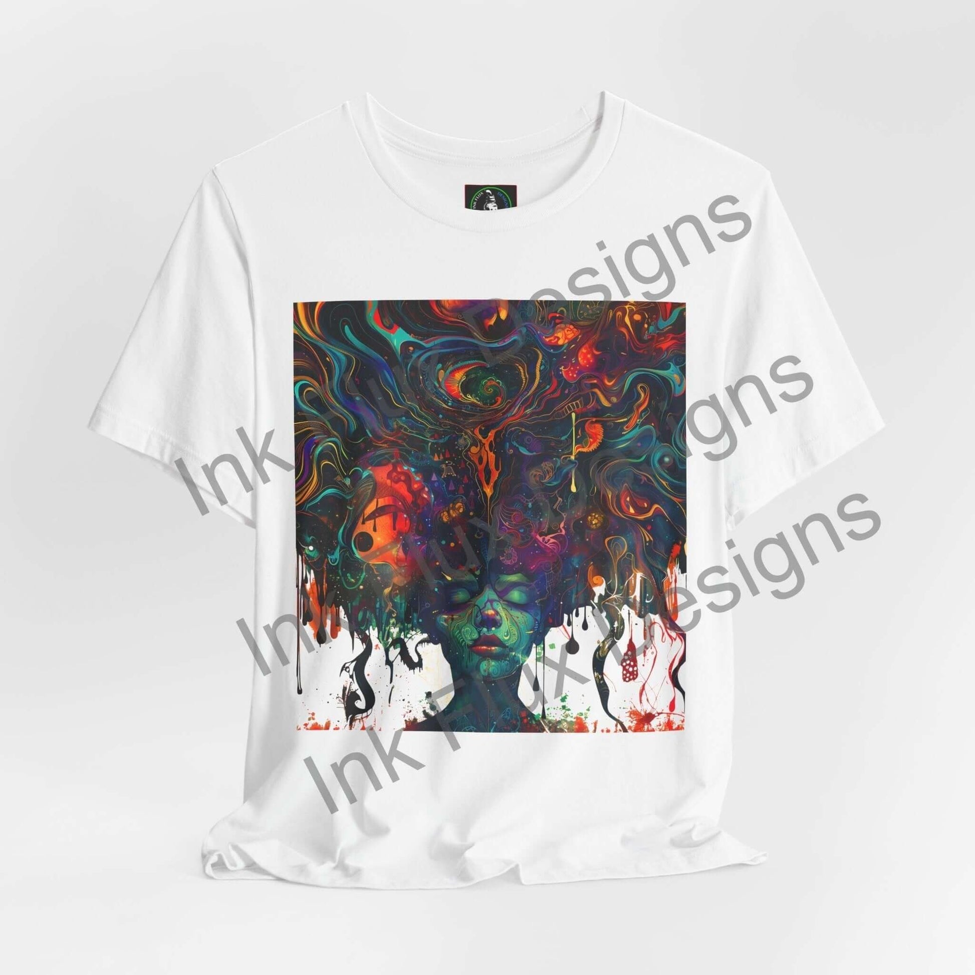 Euphoric Dreamscape II T-shirt by Ink Flux Designs, featuring a colorful abstract design on a white unisex jersey tee.