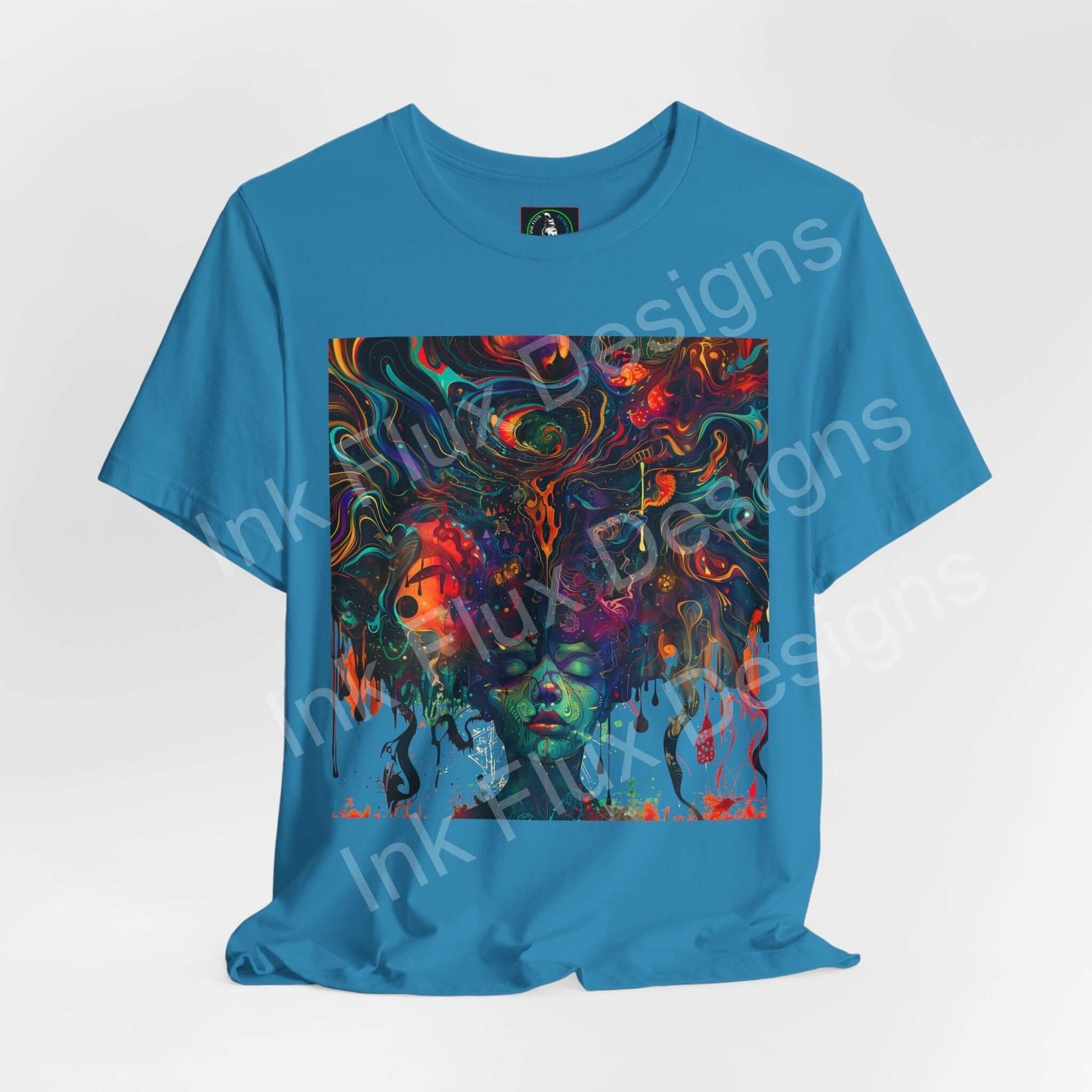 Euphoric Dreamscape II unisex T-shirt by Ink Flux Designs featuring vibrant, colorful artwork on a blue jersey fabric.