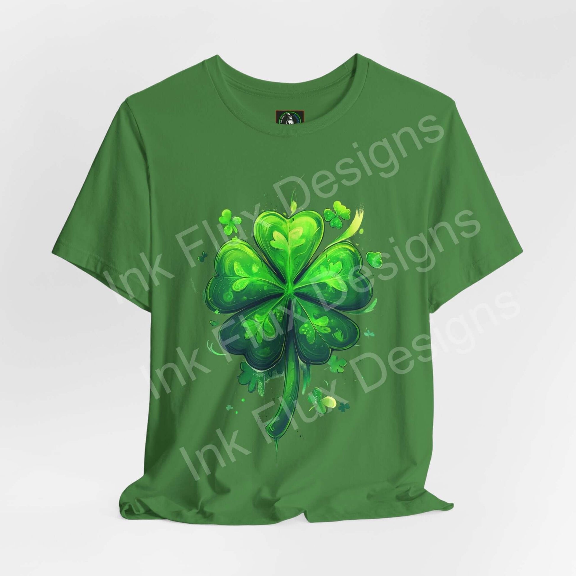 Unisex green jersey T-shirt featuring a vibrant extra lucky shamrock design, made from breathable Airlume cotton.