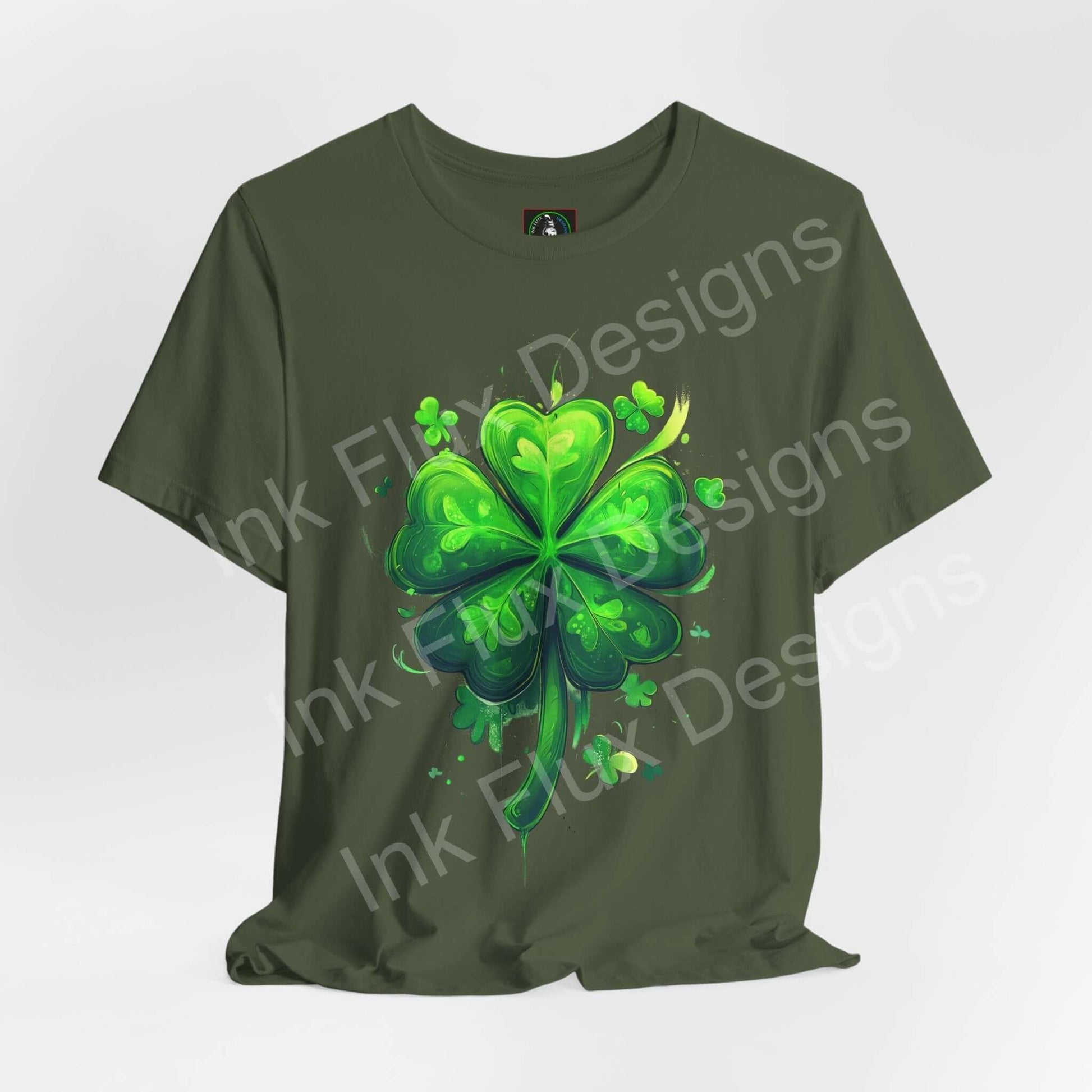 Extra lucky shamrock design on unisex olive green T-shirt made from lightweight Airlume cotton.