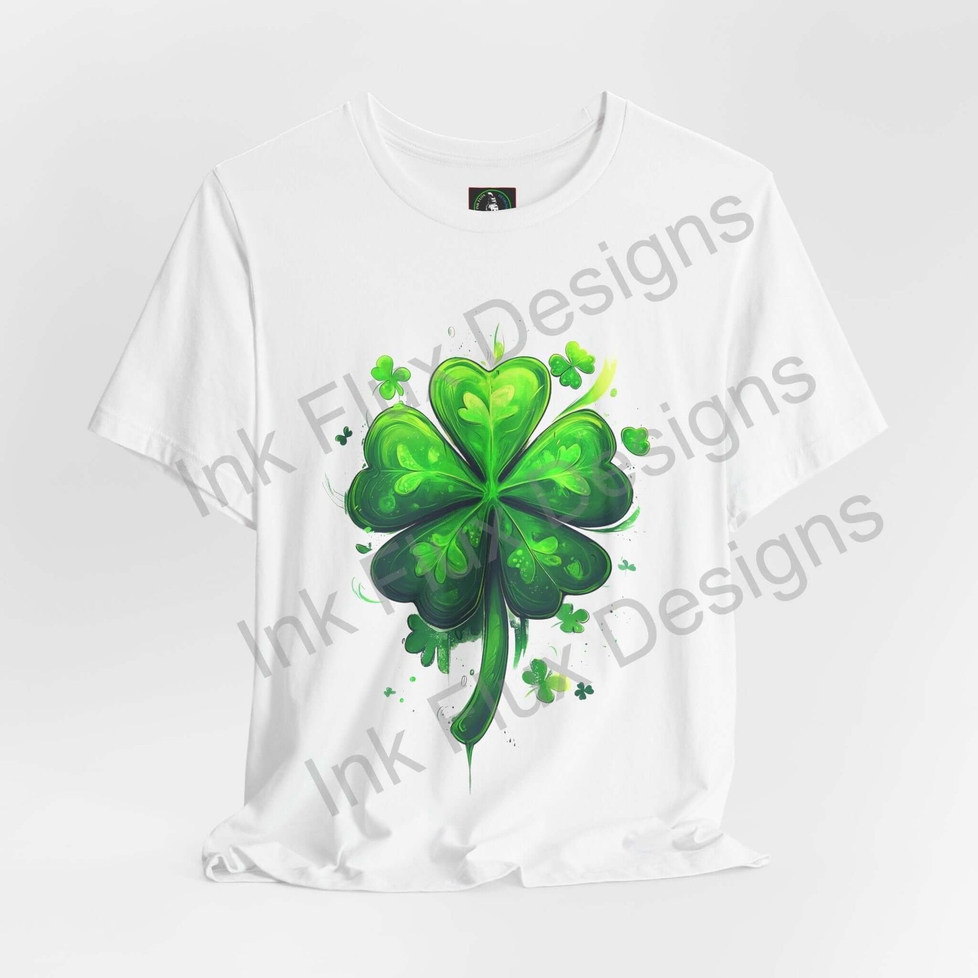 Extra lucky shamrock graphic on a white unisex jersey T-shirt, made from breathable and sustainable Airlume cotton.