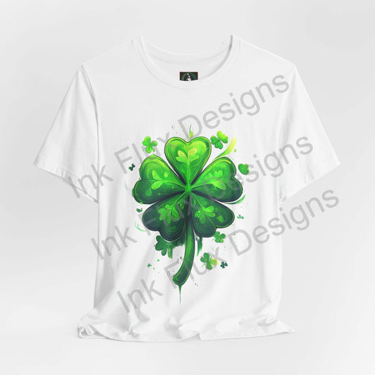 Extra lucky shamrock graphic on a white unisex jersey T-shirt, made from breathable and sustainable Airlume cotton.