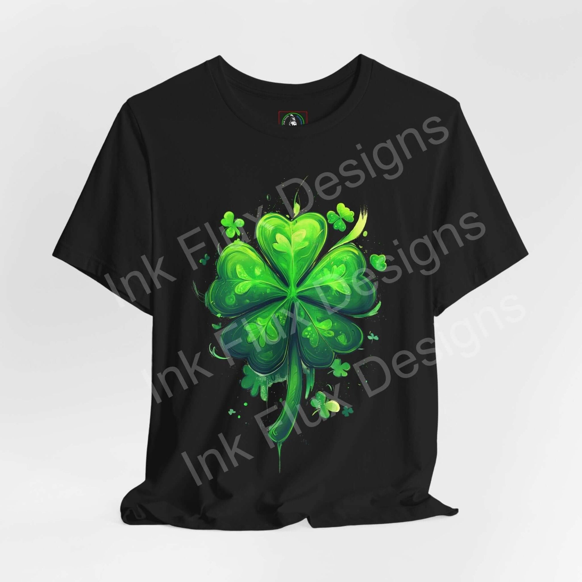Unisex black T-shirt featuring a vibrant green shamrock design, perfect for comfort and style.