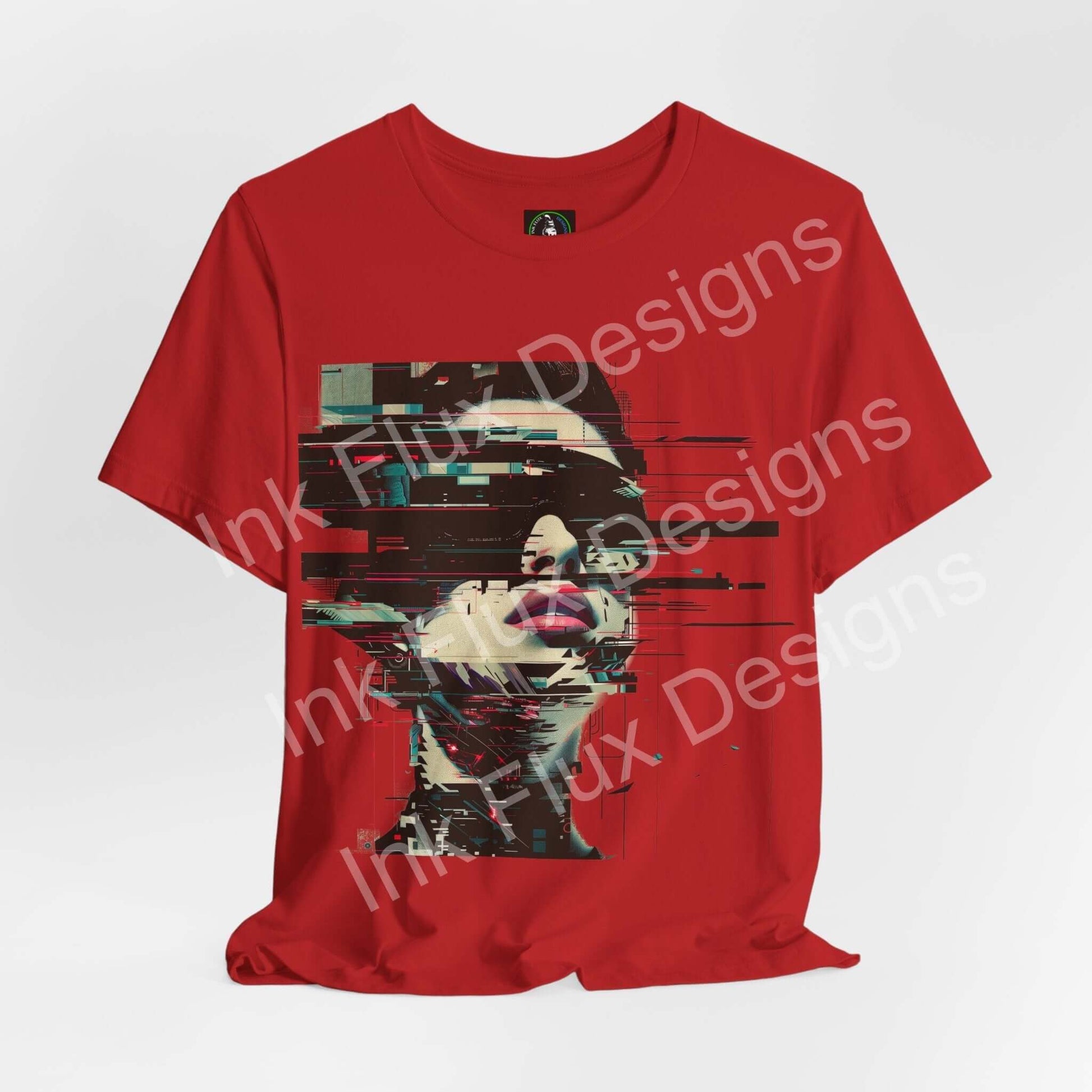 Fragmented Echo Cyberpunk T-Shirt featuring glitch portrait design on a red tee, showcasing vibrant neon colors.