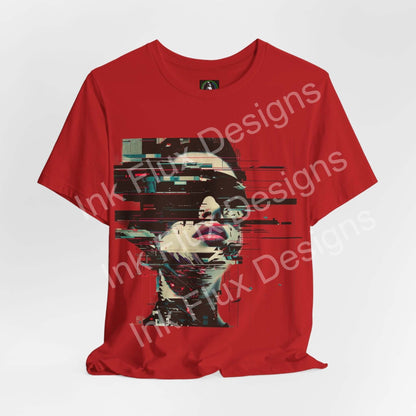 Fragmented Echo Cyberpunk T-Shirt featuring glitch portrait design on a red tee, showcasing vibrant neon colors.