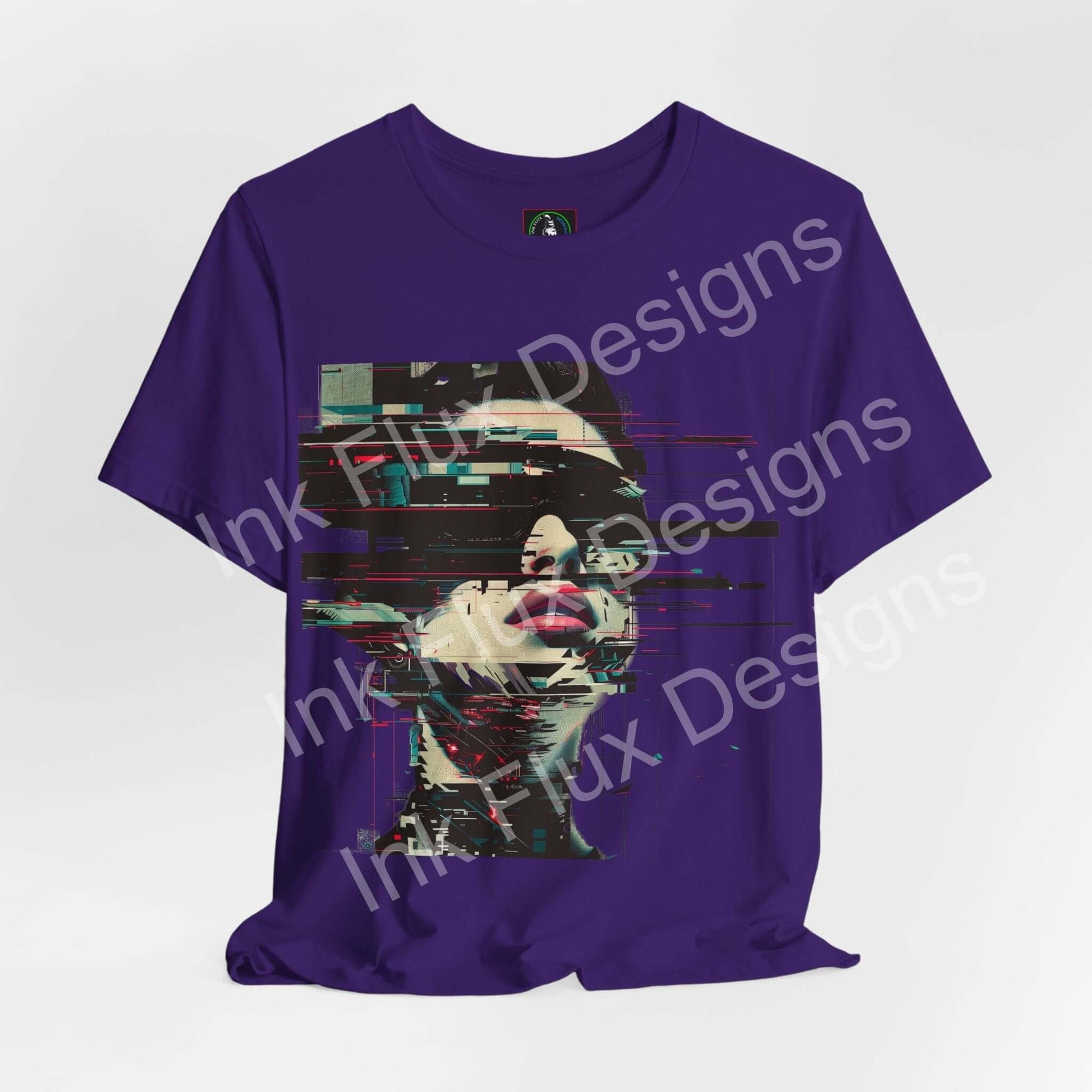 Fragmented Echo Cyberpunk T-Shirt featuring a glitch portrait design on a purple tee.
