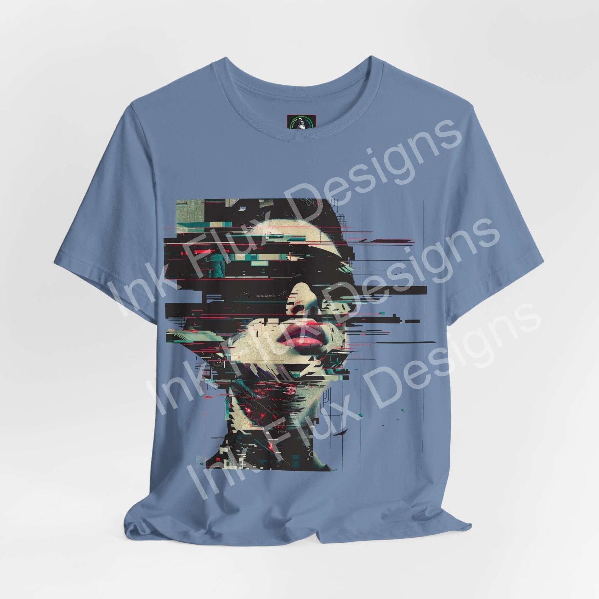 Fragmented Echo Cyberpunk T-Shirt featuring glitch portrait design on blue fabric.
