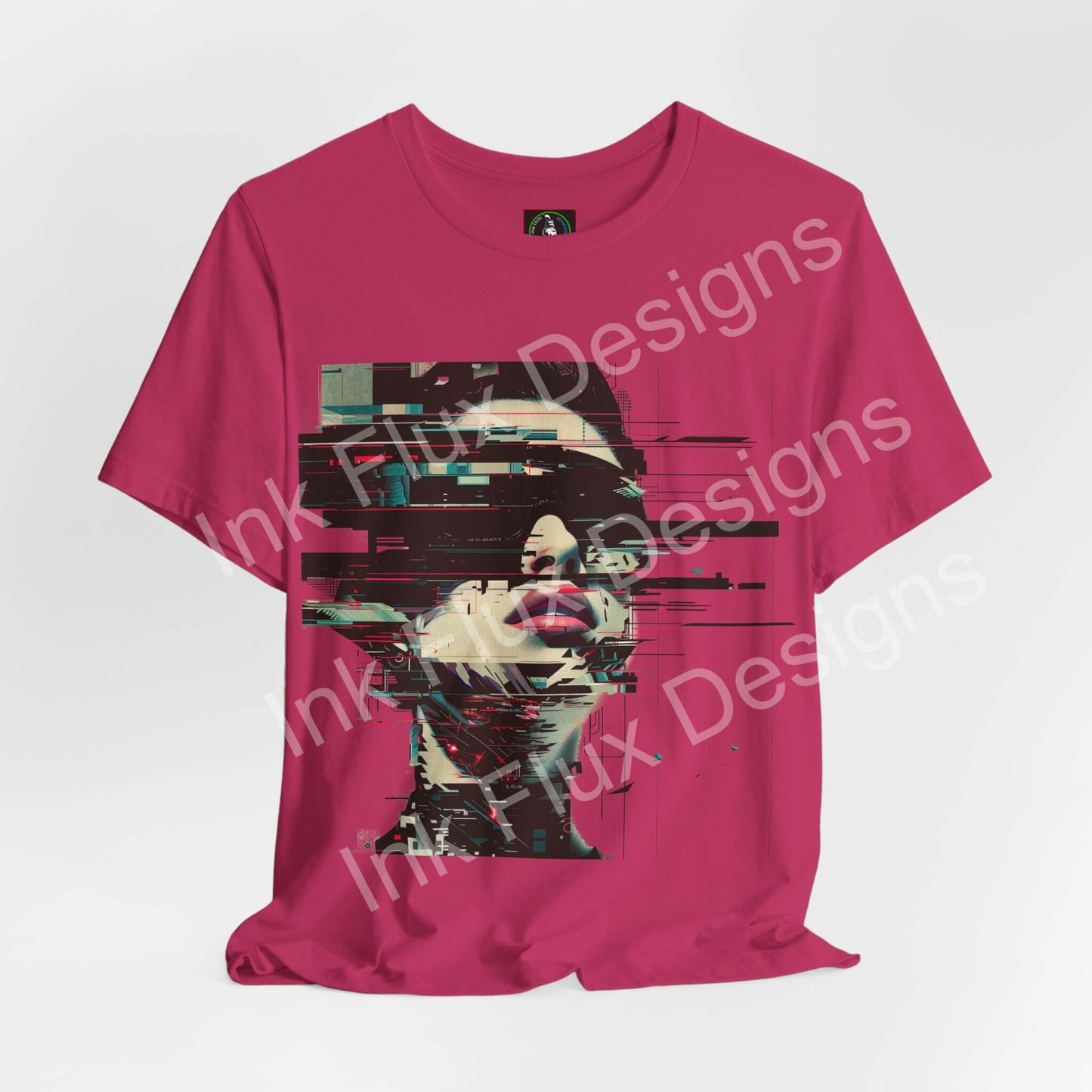 Fragmented Echo Cyberpunk T-Shirt featuring a glitch portrait design in vibrant colors.