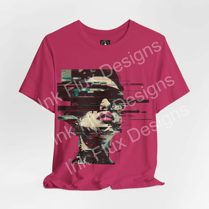 Fragmented Echo Cyberpunk T-Shirt featuring a glitch portrait design in vibrant colors.