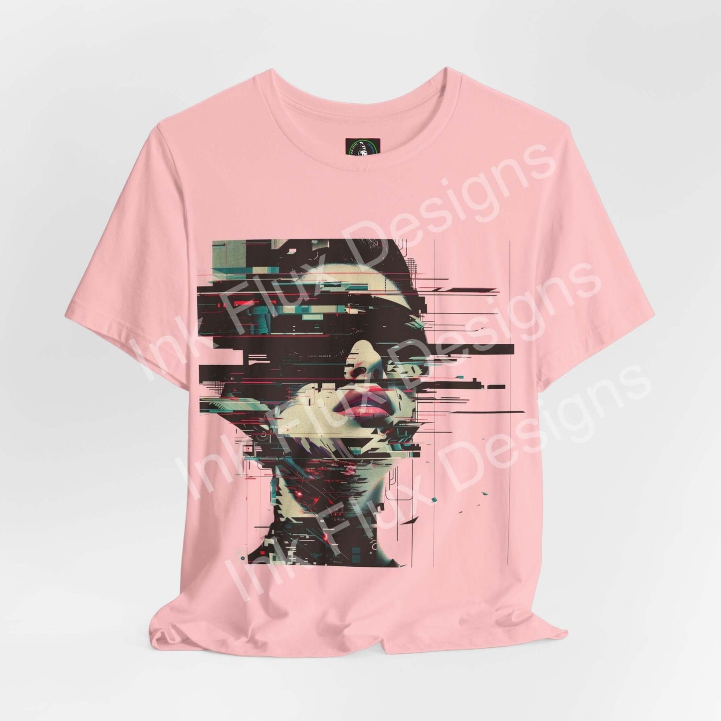 Fragmented Echo Cyberpunk T-Shirt featuring a glitch portrait design in neon colors on a pink background.