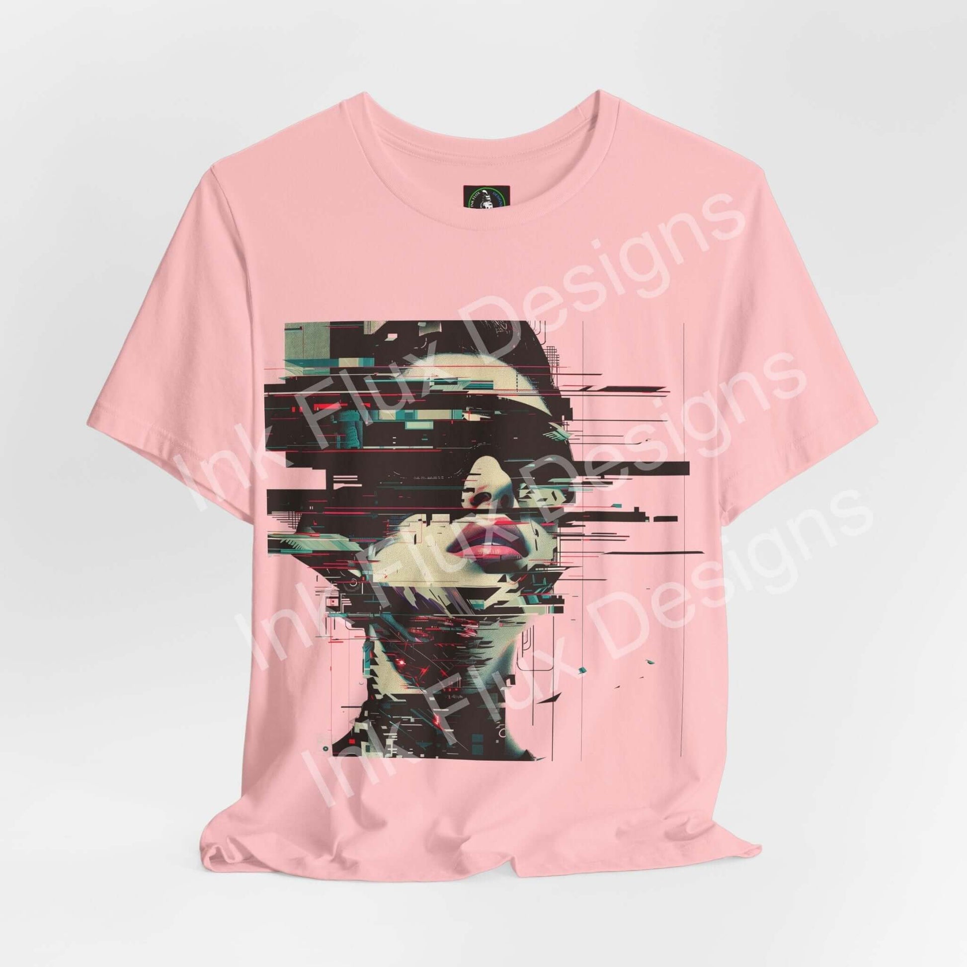 Fragmented Echo Cyberpunk T-Shirt featuring a glitch portrait design in neon colors on a pink background.