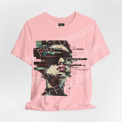 Fragmented Echo Cyberpunk T-Shirt featuring a glitch portrait design in neon colors on a pink background.